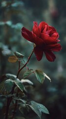 Obraz premium Vibrant red rose blooming in a lush green garden during a sunny afternoon