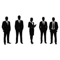Creative design vector art of a group of five business people silhouettes standing in a line