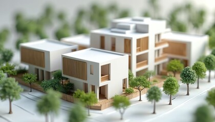 Fototapeta premium Miniature architectural model of modern residential buildings with white, wooden facade in urban setting. Houses surrounded by trees, green plants in eco-friendly community. Sustainable housing