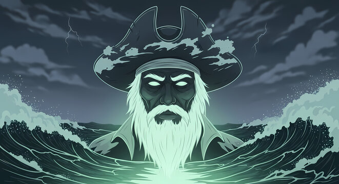 Mysterious spectral pirate captain emerges from stormy seas, glowing eyes pierce the darkness, conveying ancient power and maritime legend.