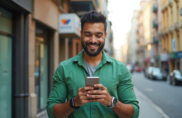 Young man smiles while looking at his smartphone in the city street. He holds a phone checking the messages. Male person using mobile device outdoors on a sunny day.