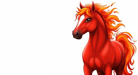 Cartoon horse with fiery red mane and tail symbolizing the year of the Chinese zodiac on white background with space on the left
