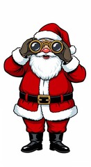 Cartoon Santa Claus looking through binoculars on white background with copy space
