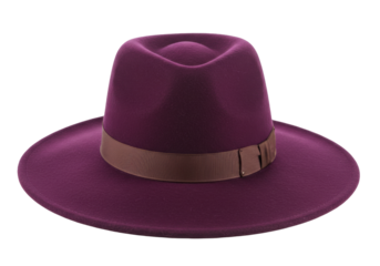 Isolated purple felt fedora hat with brown grosgrain ribbon band, fashion headwear accessory