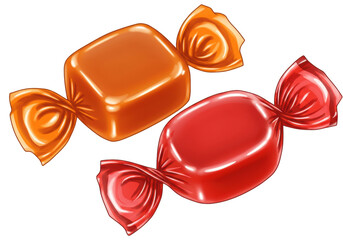 Isolated Two wrapped candies, sweet treats, toffee confectioneries, colorful snack, candy wrapper