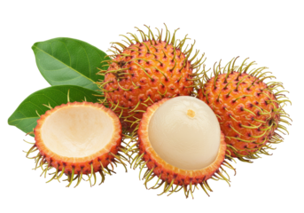 Isolated Rambutan fruits with leaves on a seamless background, opened to reveal the flesh