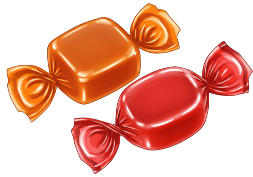 Isolated Two wrapped candies, sweet treats, toffee confectioneries, colorful snack, candy wrapper