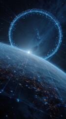 Digital representation of Earth with glowing network and satellite ring in space at night