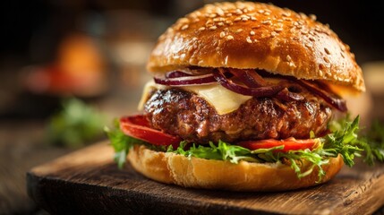 A delicious burger stacks with a juicy patty melted cheese fresh lettuce and ripe tomatoes.