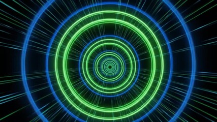 Dynamic neon tunnel vortex zoom with pulsing green and blue light trails creating a futuristic digital journey through cyberspace - Powered by Adobe