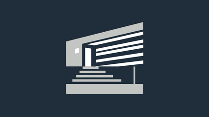 Abstract modern minimalist building icon with geometric lines, entrance, and steps on a dark background. Architectural symbol.