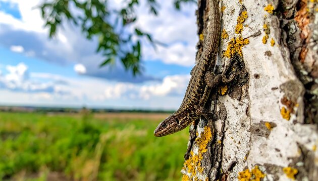 A small lizard clings to the rough bark of a birch tree. A backdrop of green fields stretches under a blue sky with fluffy white clouds