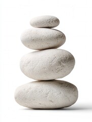 Fototapeta premium Minimalistic image of four smooth white stones stacked vertically on a white background. This composition evokes balance, inner peace, mindfulness, and wellness. Ideal for themes related to meditation