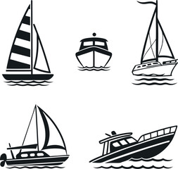A icon set of sailing ships, yachts and sailboats traveling across the ocean water