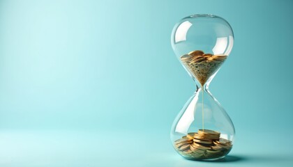 Hourglass with golden coins on light blue surface. Time money. Money management strategy in time. Savings planning for future, investment concept. Finance literacy matters for economic growth, wealth.
