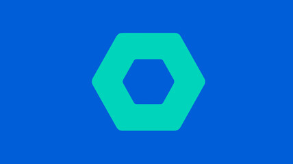 Minimalist teal hexagon with negative space center on a vibrant blue background, abstract geometric design element.