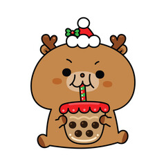 Cute Reindeer Enjoy Drinking Boba Milk Tea, Christmas Theme