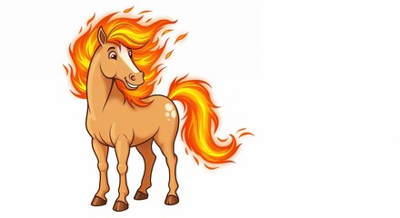 Cartoon horse with fiery red mane and tail on white background with copy space