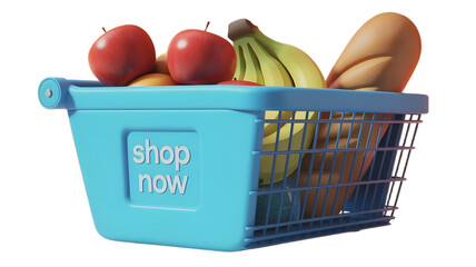 Vibrant Shopping Basket Displaying Fresh Produce Apples Bananas and Loaf of Bread Ready to Purchase Goods