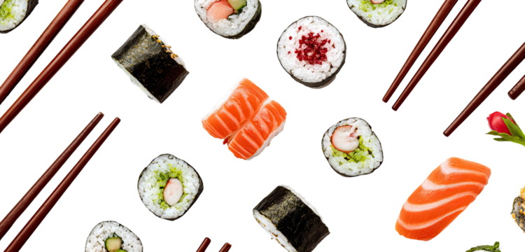 Assorted sushi pieces arranged on a black background with chopsticks (1)