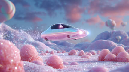 A whimsical sweet sci-fi dreamscape featuring an iridescent levitating car cruising over a sugary pastel landscape with sparkling glitter and cotton candy clouds.
