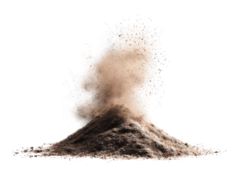 A dramatic eruption of dark brown dust, like a miniature volcano.  A large mound of dust explodes outward in a swirling,  whitish cloud against a black background