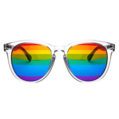 Clear-framed sunglasses with lenses displaying a vibrant rainbow, representing LGBTQ+ pride