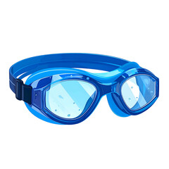 Cartoon illustration of blue swimming goggles with a strap, featuring reflections & water droplets