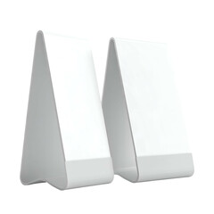 Two identical, bright white, abstract, angled objects with a rounded base against black