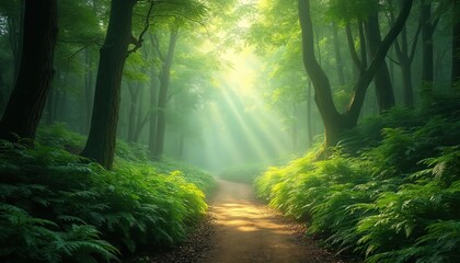 Obraz premium Sunlit forest path winds through lush green ferns and tall trees. Bright sunbeams create a magical, peaceful atmosphere. Nature trail invites exploration into a verdant woodland wonderland.