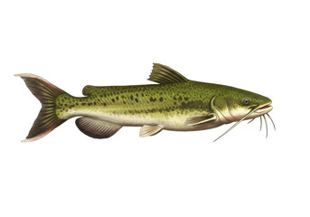 Isolated, illustration of a green bullhead catfish fish in freshwater for bait fishing
