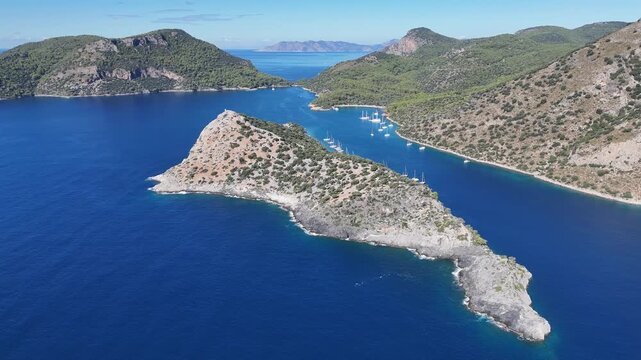 Aerial View of Gemile Island and Bay in Fethiye, Turkey