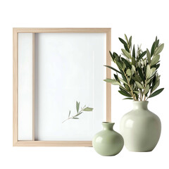 A wooden picture frame with white interior, two green vases, and green leafy branches
