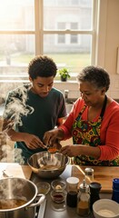 Grandmother and grandson cooking together in a bright kitchen.