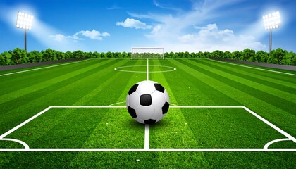 A soccer field with a ball positioned at the center, ready for play. Green grass, white lines, and stadium lights frame the view