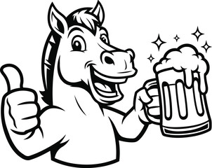 Cartoon horse giving thumbs up holding beer mug animal