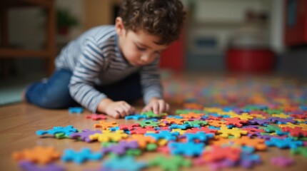 child on the floor collects colorful puzzles autism spectrum disorder