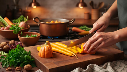 Person chopping vegetables for cooking in a cozy kitchen environment with warm lighting
