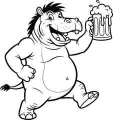 Cartoon hippo holding a frothy beer mug drink beverage