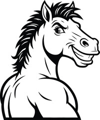 Black and white cartoon horse head with mane animal
