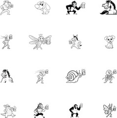 Cartoon animals and insects holding beer mugs drink