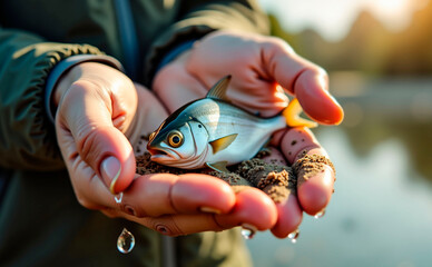 Man holding freshly caught fish with water droplets in natural habitat, enjoyment of fishing