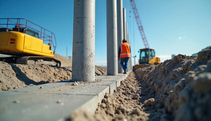 Concrete piles driven into ground. Worker in safety vest walks near construction machines. Heavy equipment used at industrial site. Pile foundation constructed with engineering, structural support at