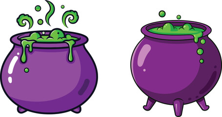 Two purple cauldrons with bubbling green liquid witch