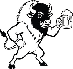 Fototapeta premium Bison holding a beer mug with frothy head buffalo animal