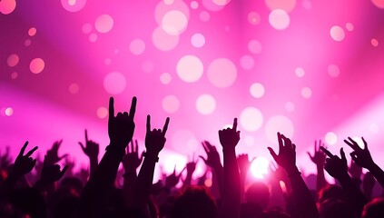 Energetic crowd with hands raised at a vibrant pink concert with bokeh lights