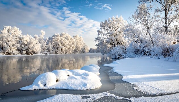 A serene winter landscape captures a snow-covered river and trees, bathed in the soft glow of morning light, with a blue sky - Powered by Adobe