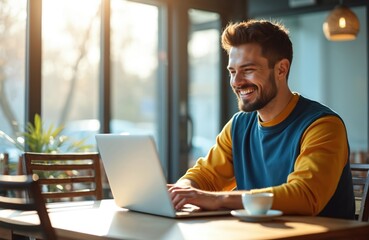 Smiling young man works on laptop in sunny cafe, enjoying coffee. Focuses on business strategy, online marketing, tech innovation for growth. Happy entrepreneur handles remote tasks, plans SEO,