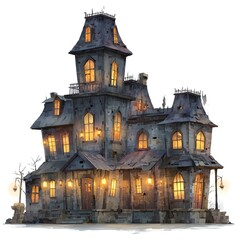 Obraz premium Spooky haunted mansion illustration with glowing windows, eerie atmosphere, gothic architecture, Halloween concept art.