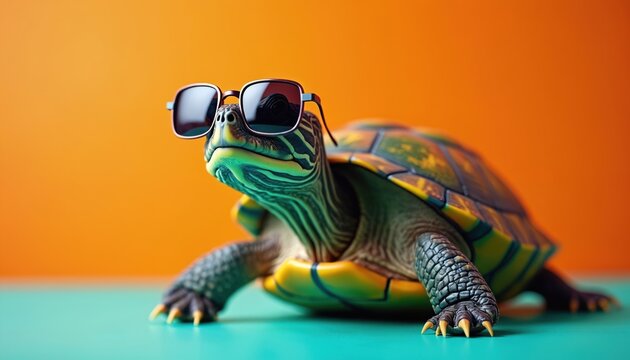 Cool turtle wears sunglasses against colorful backdrop. Tortoise poses stylishly with eyewear in studio. Fun animal fashion sense. Perfect reptile illustration for summer vacation promotions. Mascot
